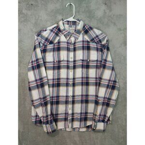 Lucky Brand Shirt Mens Large White Plaid Flannel Saturday Stretch Pearl Snap